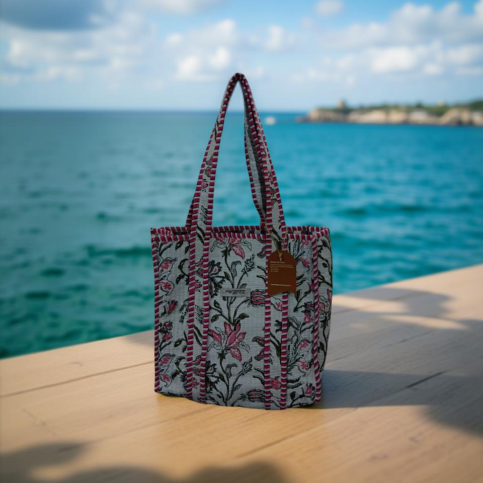 Floral white and pink mini tote bag without zip