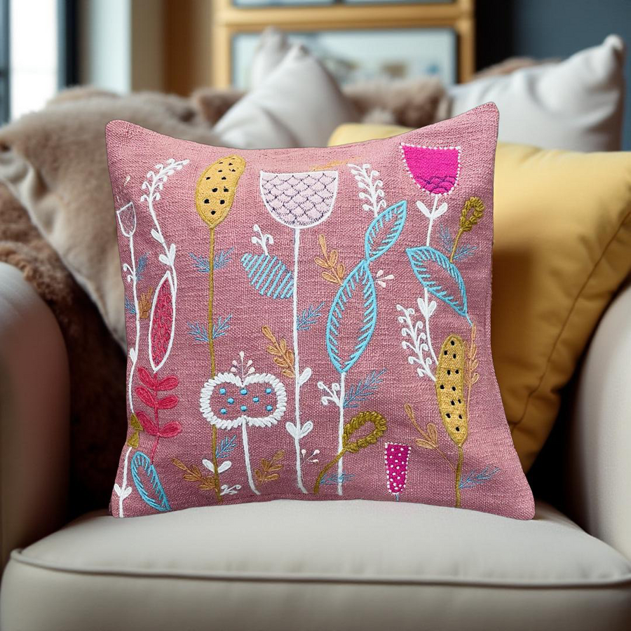 Beautiful floral hand embroidery throw cushion cover