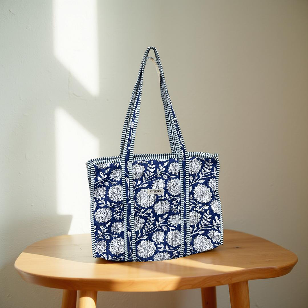 Blue Floral quilted Travel / Beach / shopping  Tote Bag