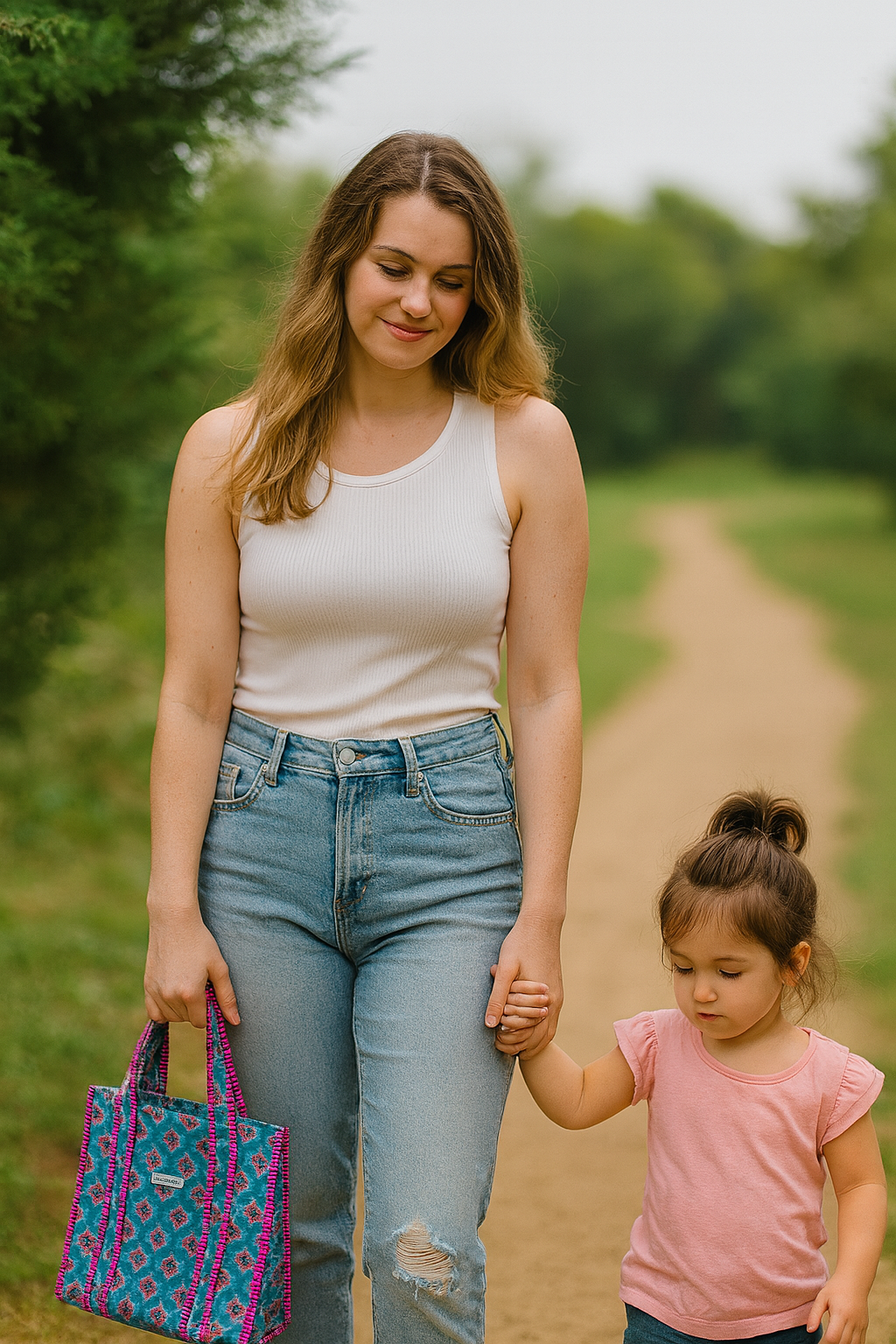 Blue and pink mini tote bag with zip