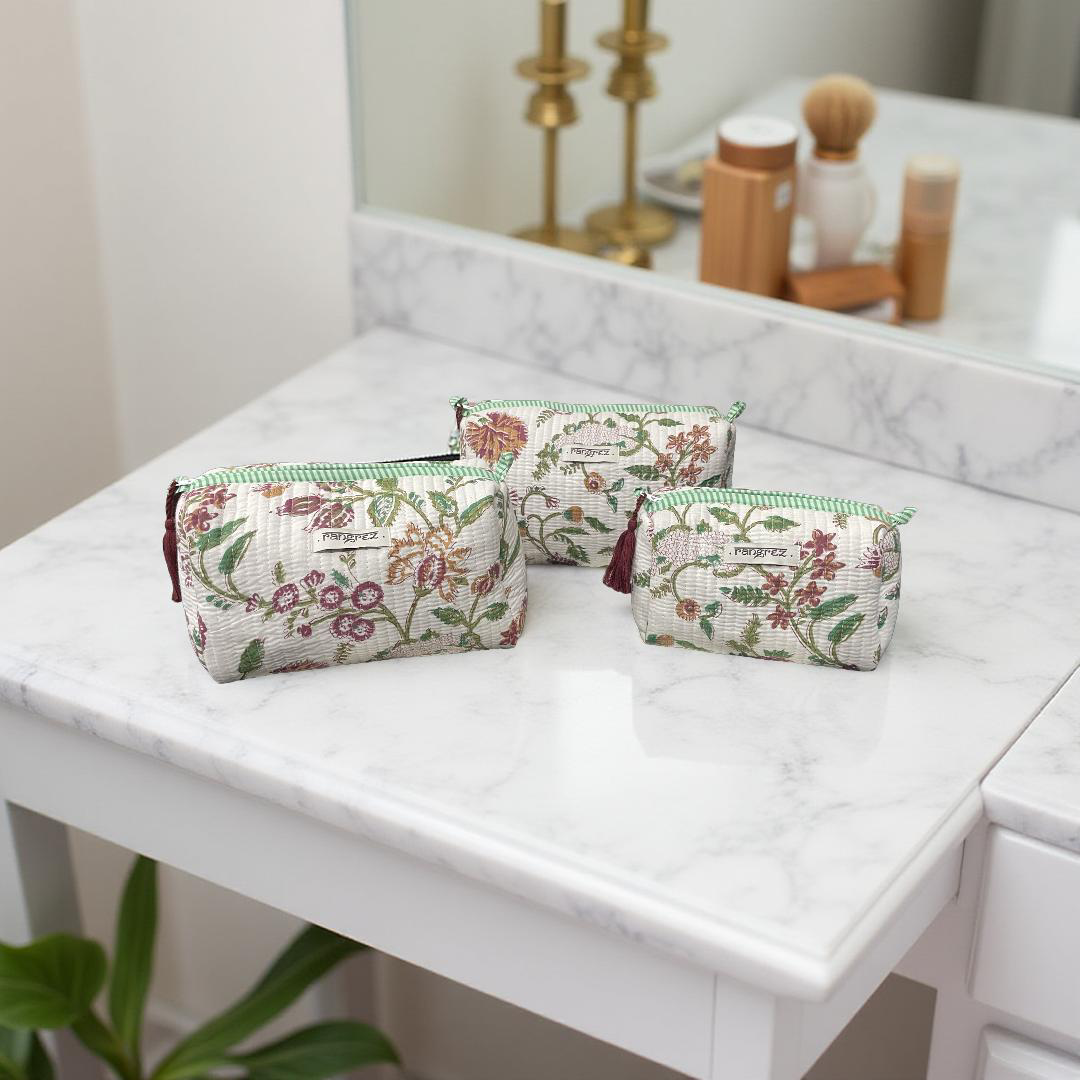 Waterproof Floral handcrafted 3 piece quilted pouch kit cum organisers