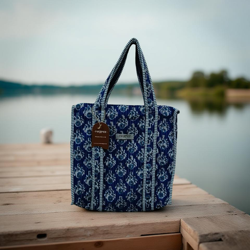 Indigo and white mini tote bag with zip