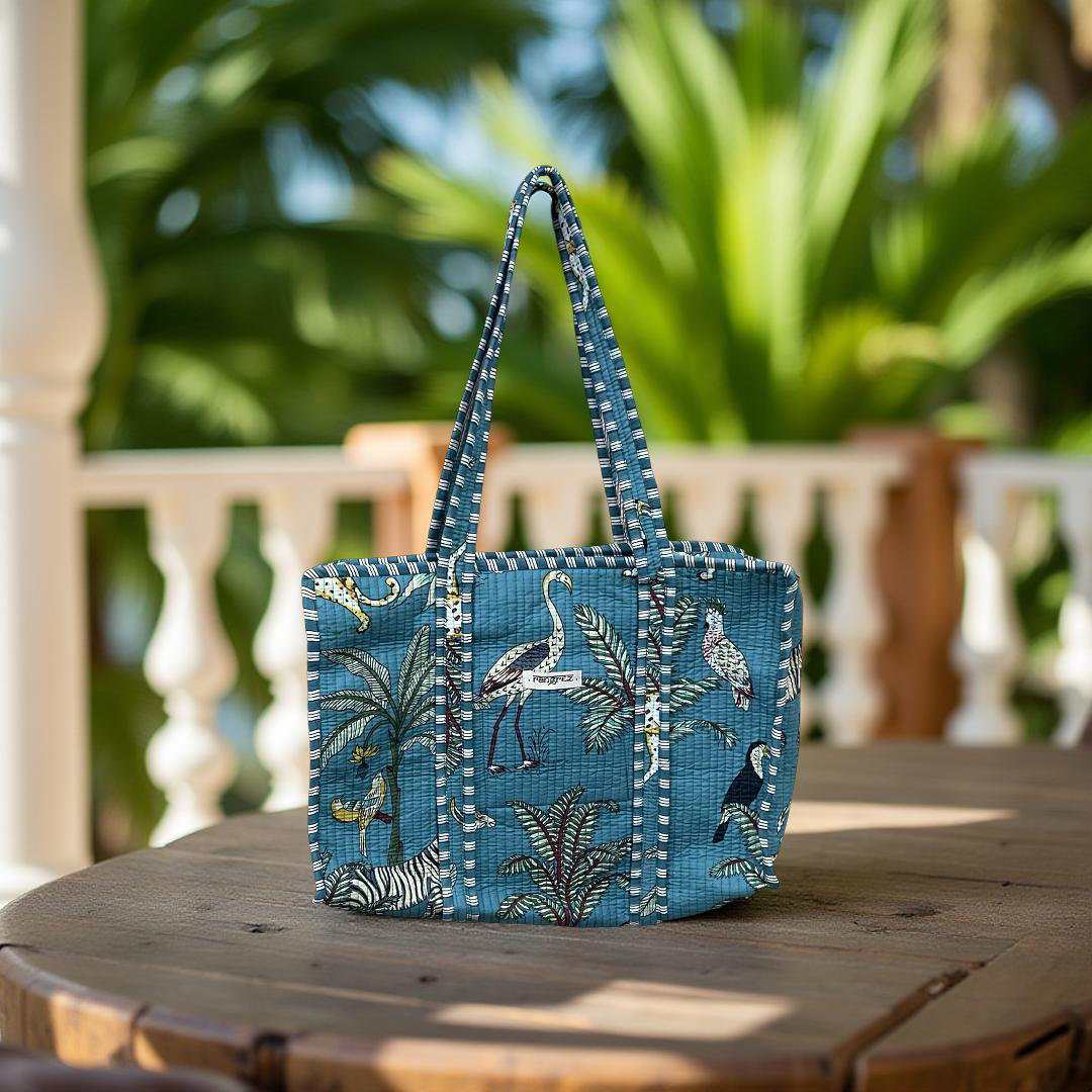 Aqua blue Floral quilted Travel / Beach / shopping  Tote Bag