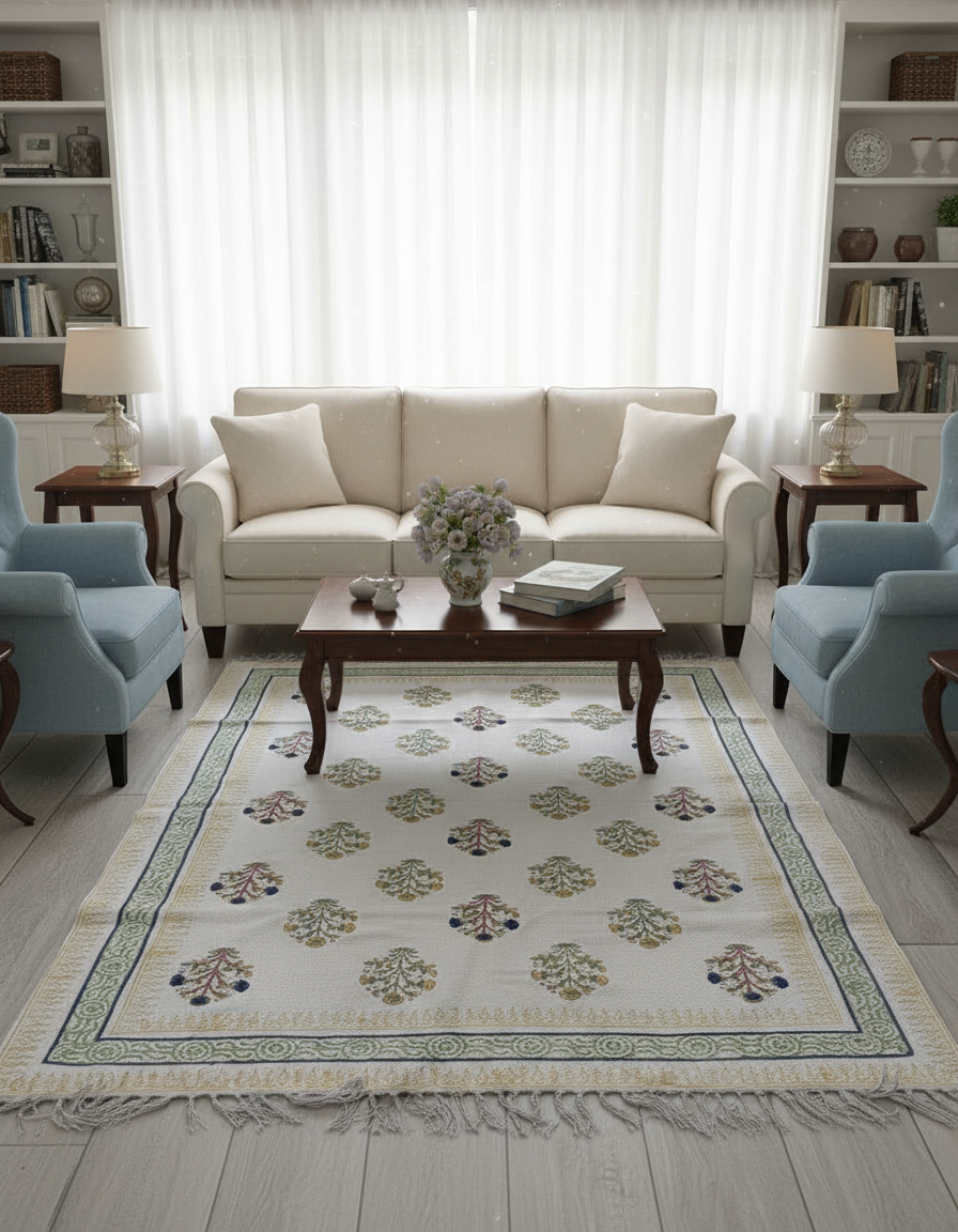 Hand block print Indian Dhurrie / Rug with hand embroidery(122*183cm /. 4*6 feet )