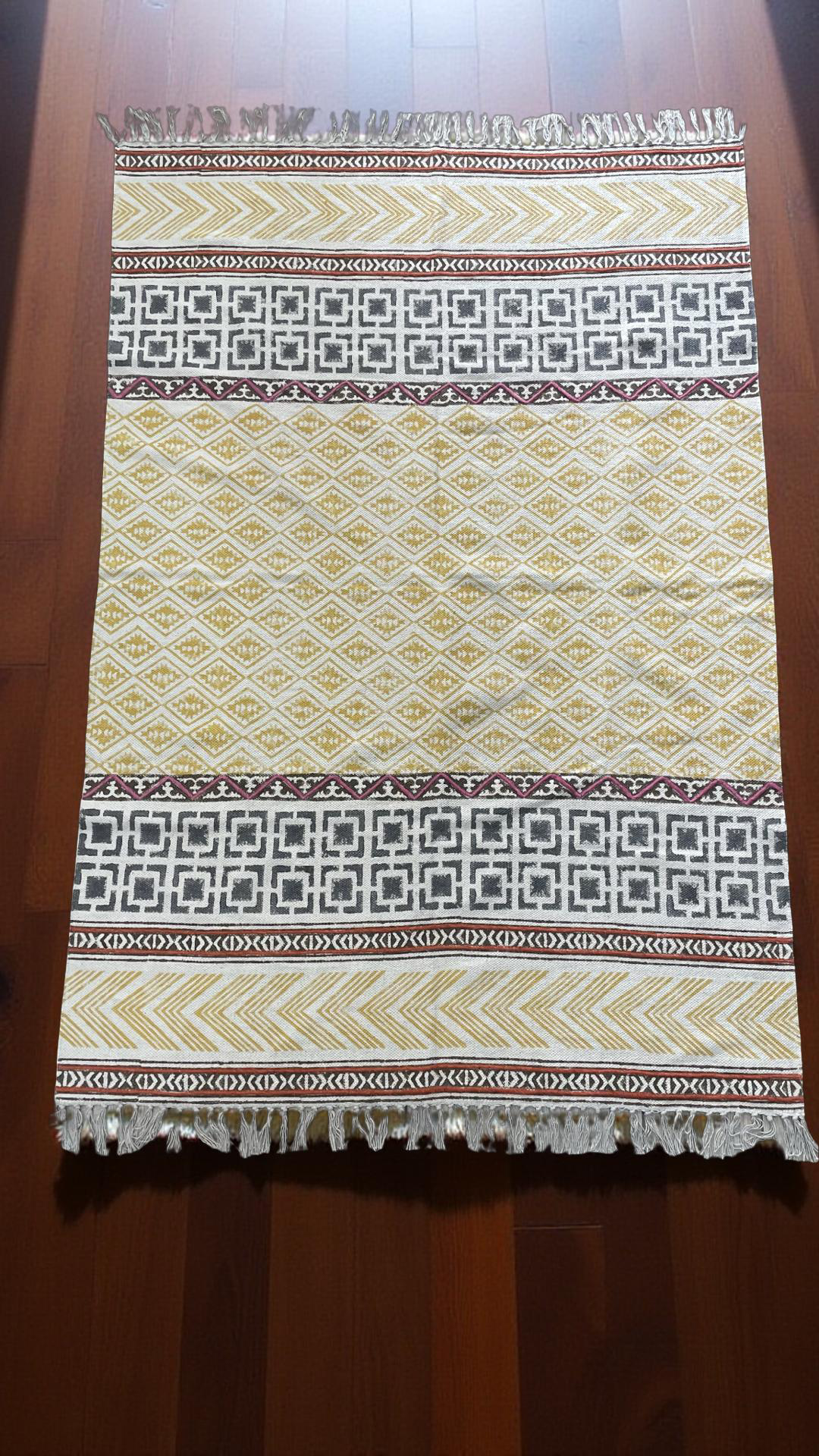 Hand block print Indian Dhurrie / Rug with hand embroidery(122*183cm /. 4*6 feet )