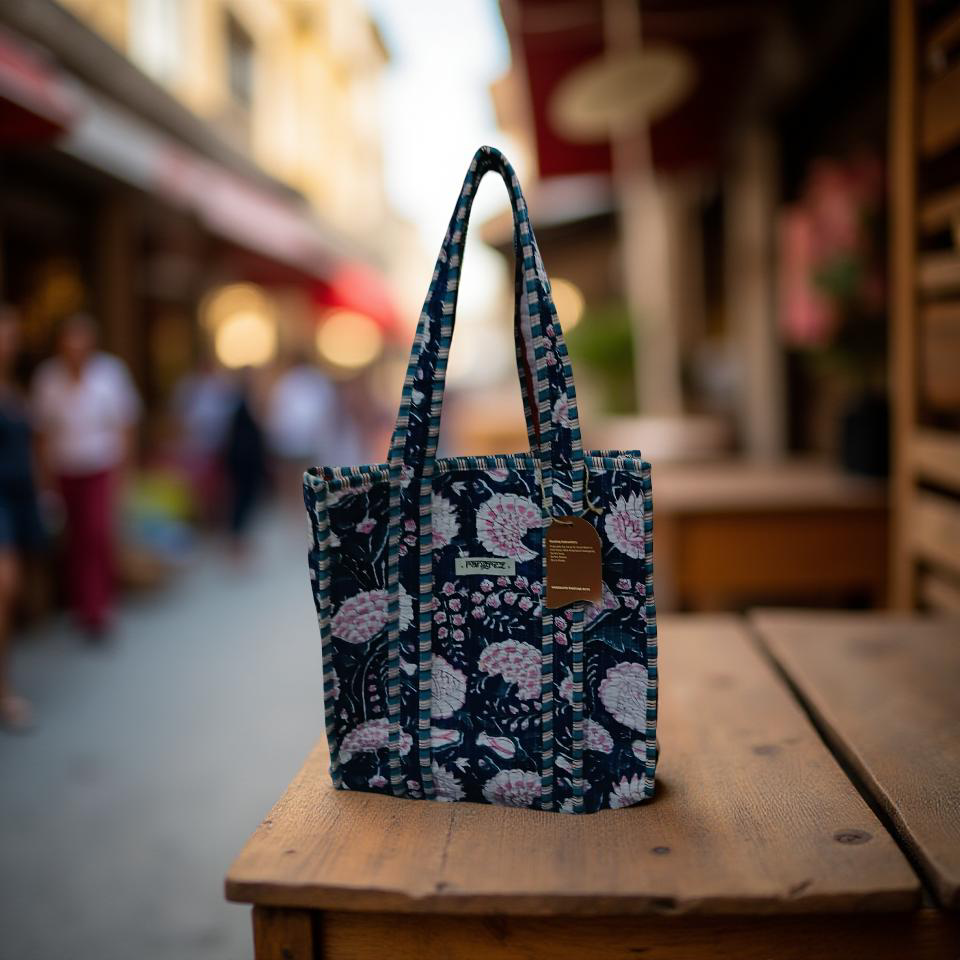 Indigo & pink floral mini tote bag without zip