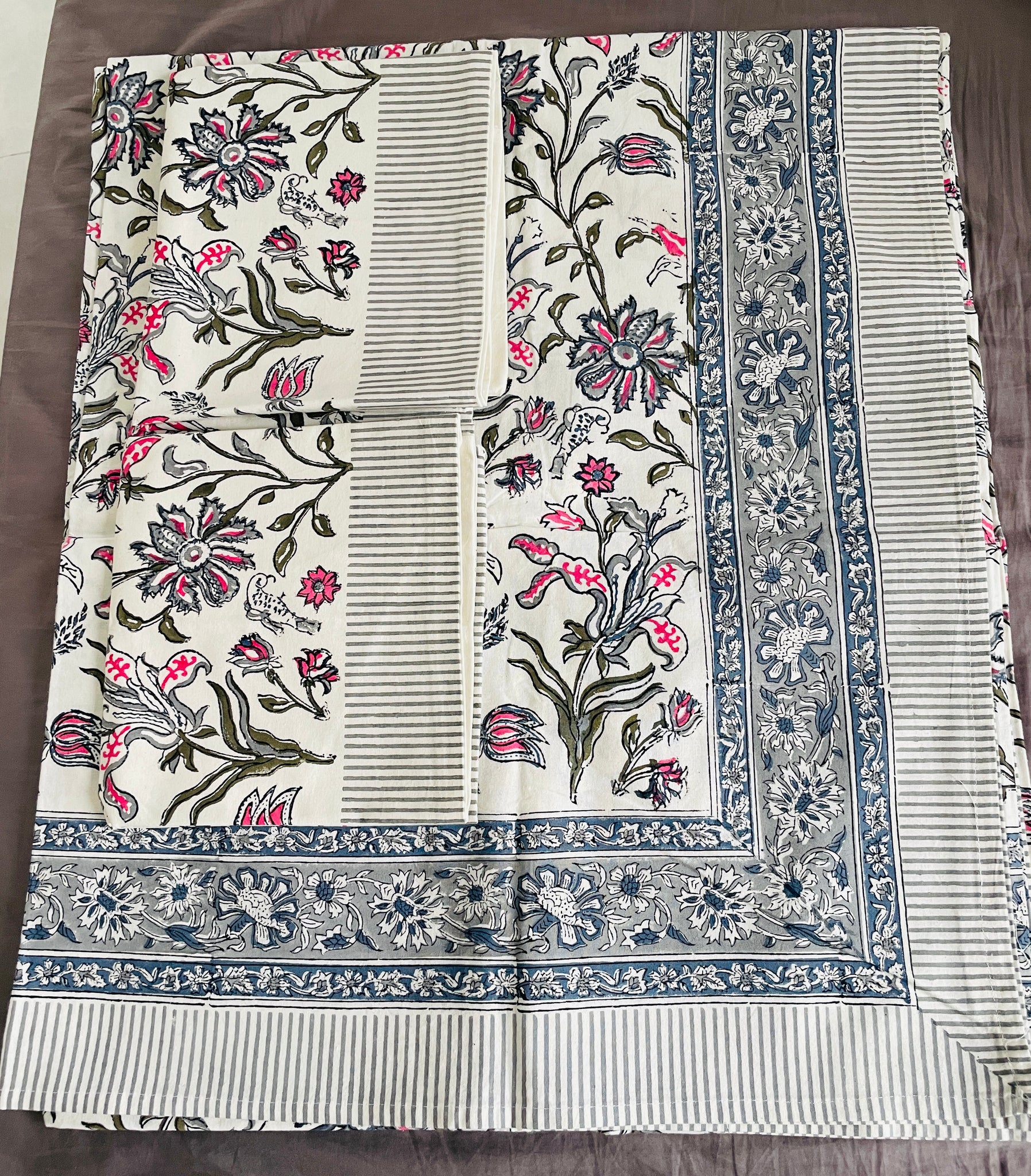 SCARLET WHISPERS HAND BLOCK PRINT LINEN/BEDSHEET WITH RED FLORALS & GREY VINES W/PILLOW COVER QUEEN SIZE - 229cm*275cm