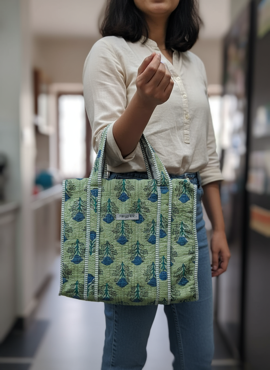 Floral green and blue mini tote bag with zip