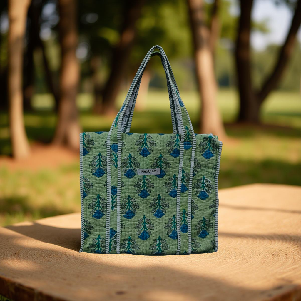 Floral green and blue mini tote bag with zip