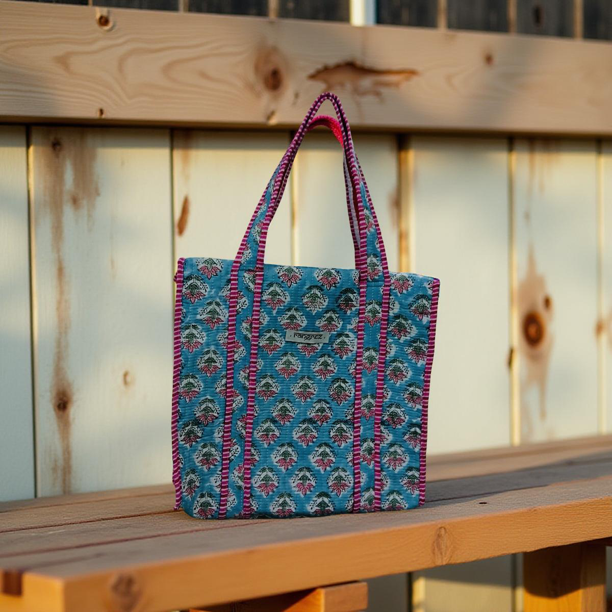 Blue and pink mini tote bag with zip
