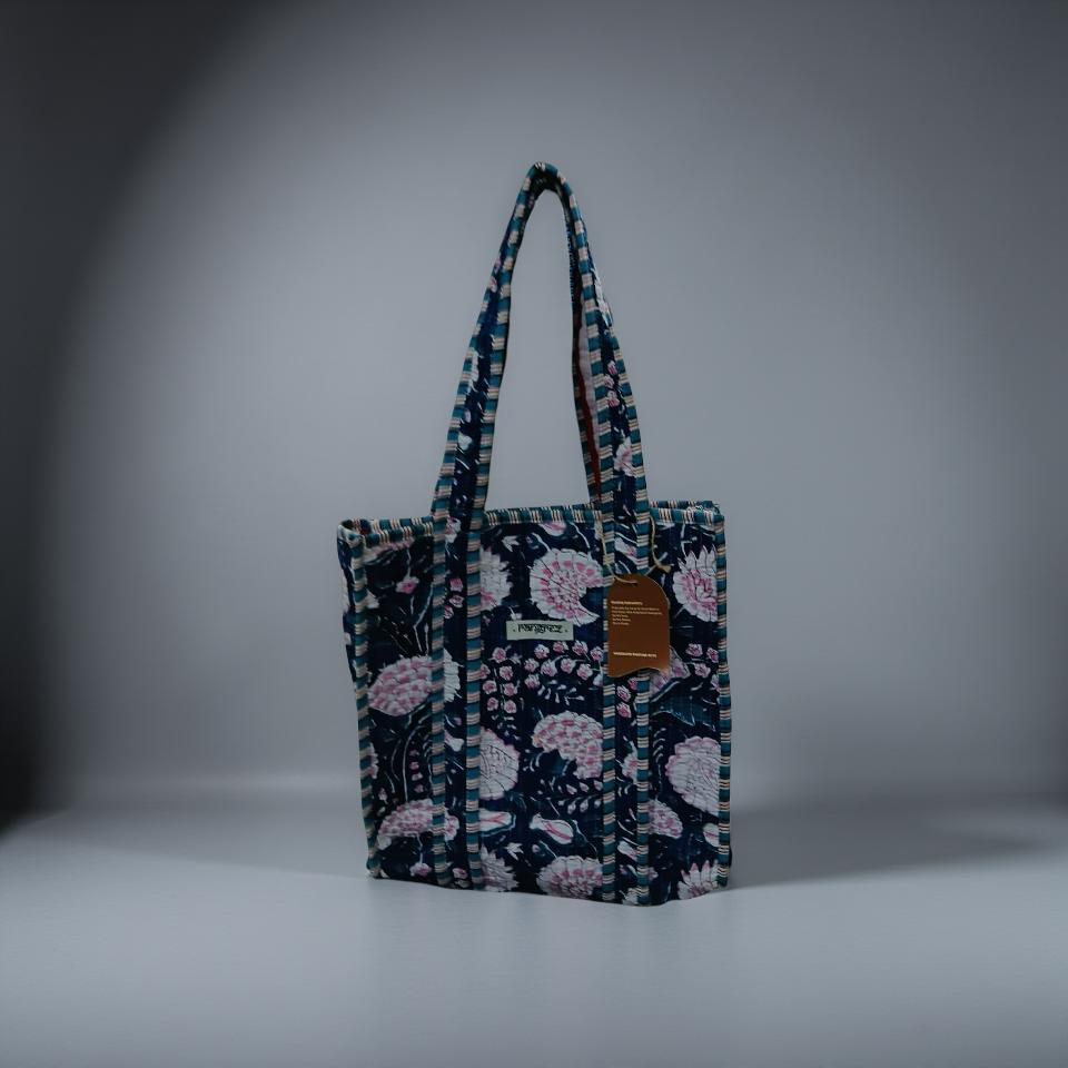 Indigo & pink floral mini tote bag without zip