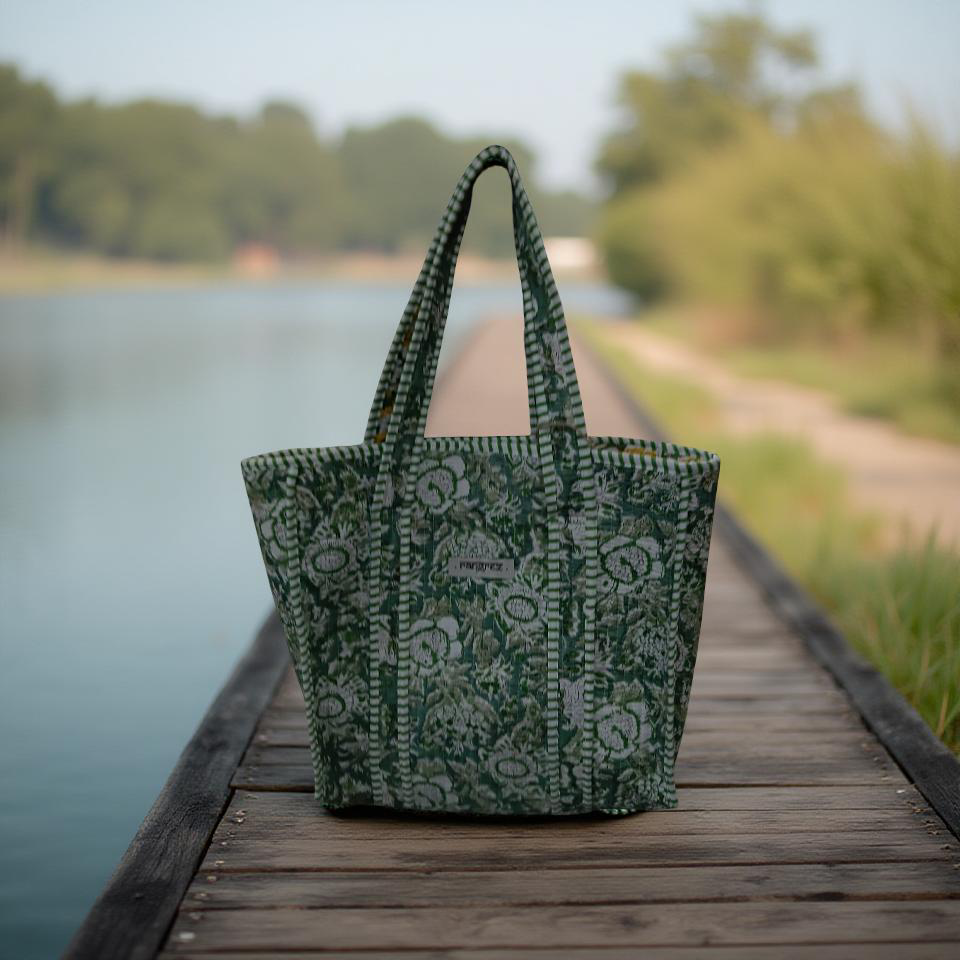 Green & yellow mini tote bag without zip