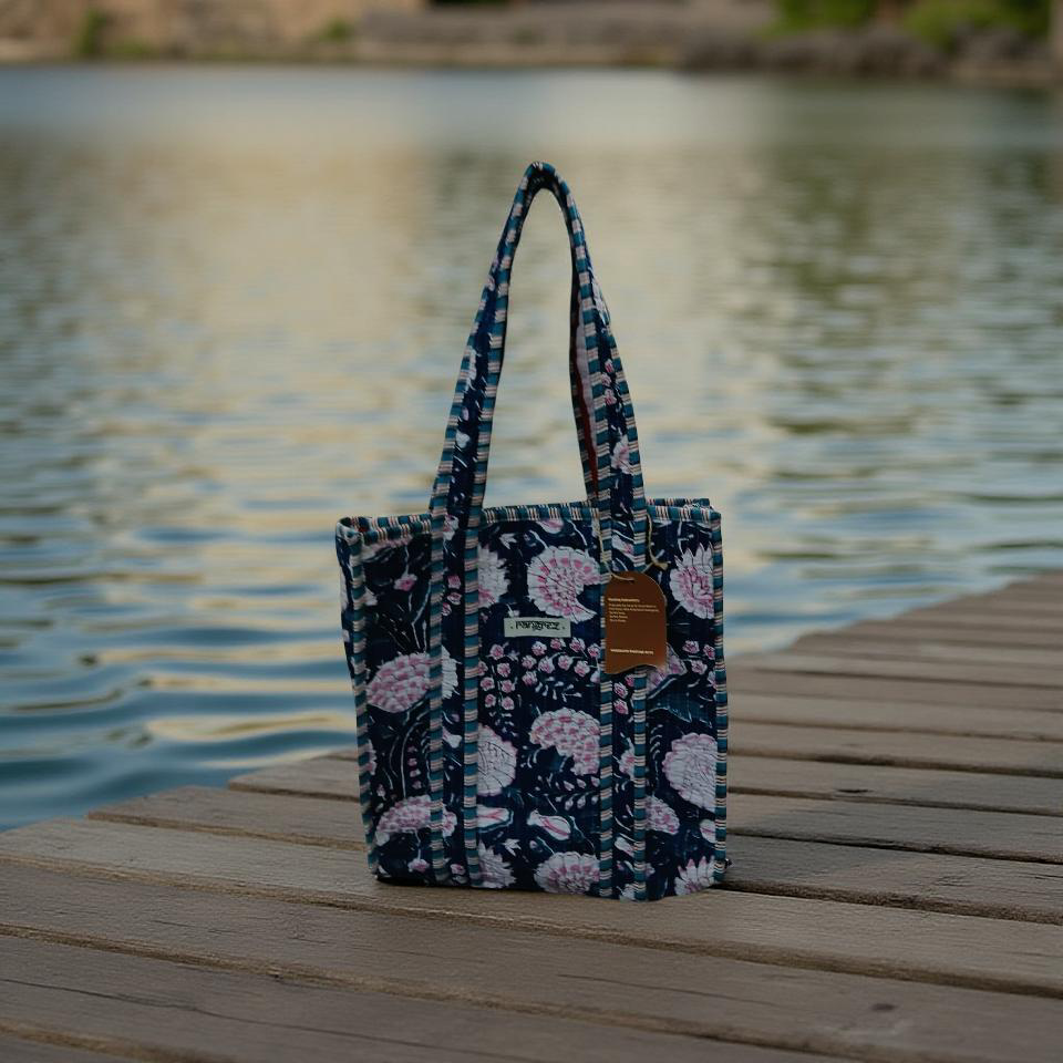 Indigo & pink floral mini tote bag without zip