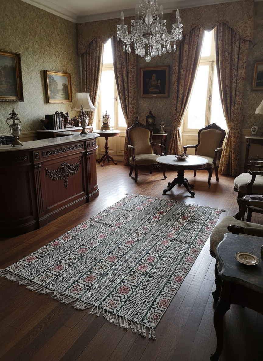 Hand block print Indian Dhurrie / Rug with hand embroidery(122*183cm /. 4*6 feet )