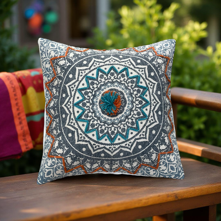 Handcrafted mandala art with embroidery throw cushion cover