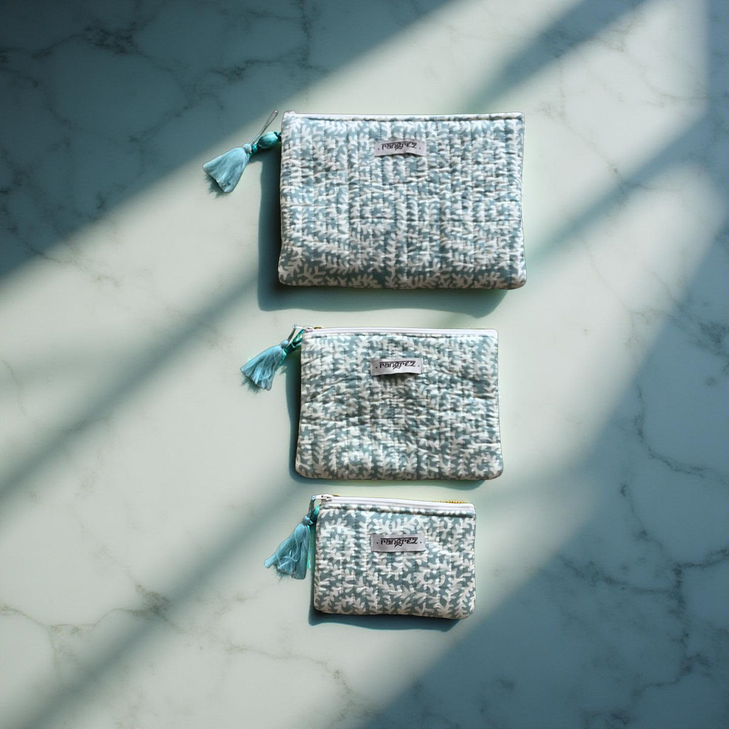 Spiral green three piece pouch set