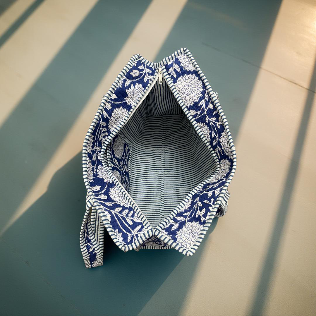 Blue Floral quilted Travel / Beach / shopping  Tote Bag