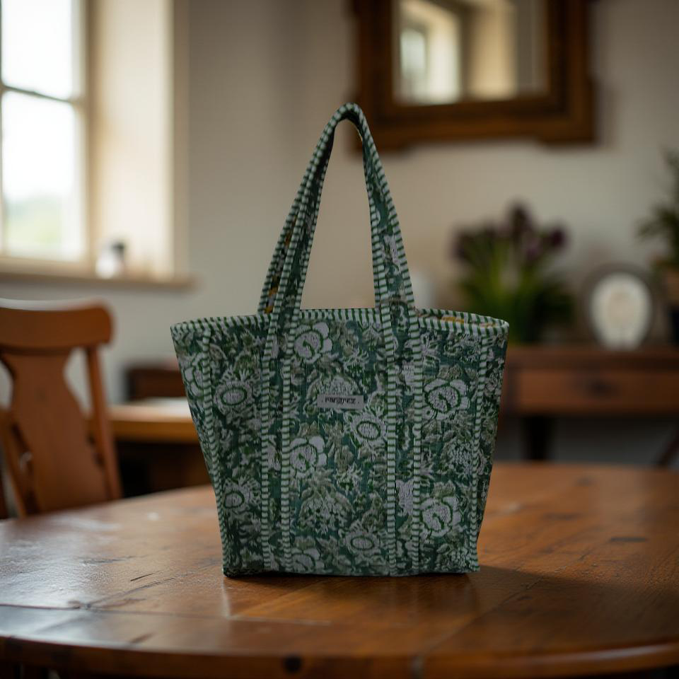 Green & yellow mini tote bag without zip