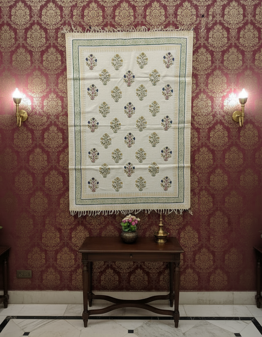 Hand block print Indian Dhurrie / Rug with hand embroidery(122*183cm /. 4*6 feet )