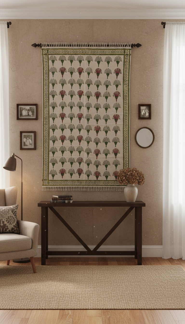 Hand block print Indian Dhurrie / Rug with hand embroidery(122*183cm /. 4*6 feet )