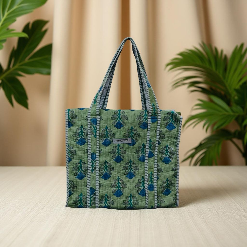 Floral green and blue mini tote bag with zip