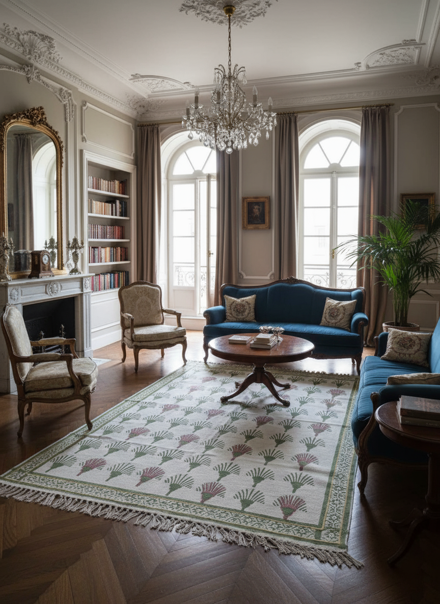 Hand block print Indian Dhurrie / Rug with hand embroidery(122*183cm /. 4*6 feet )