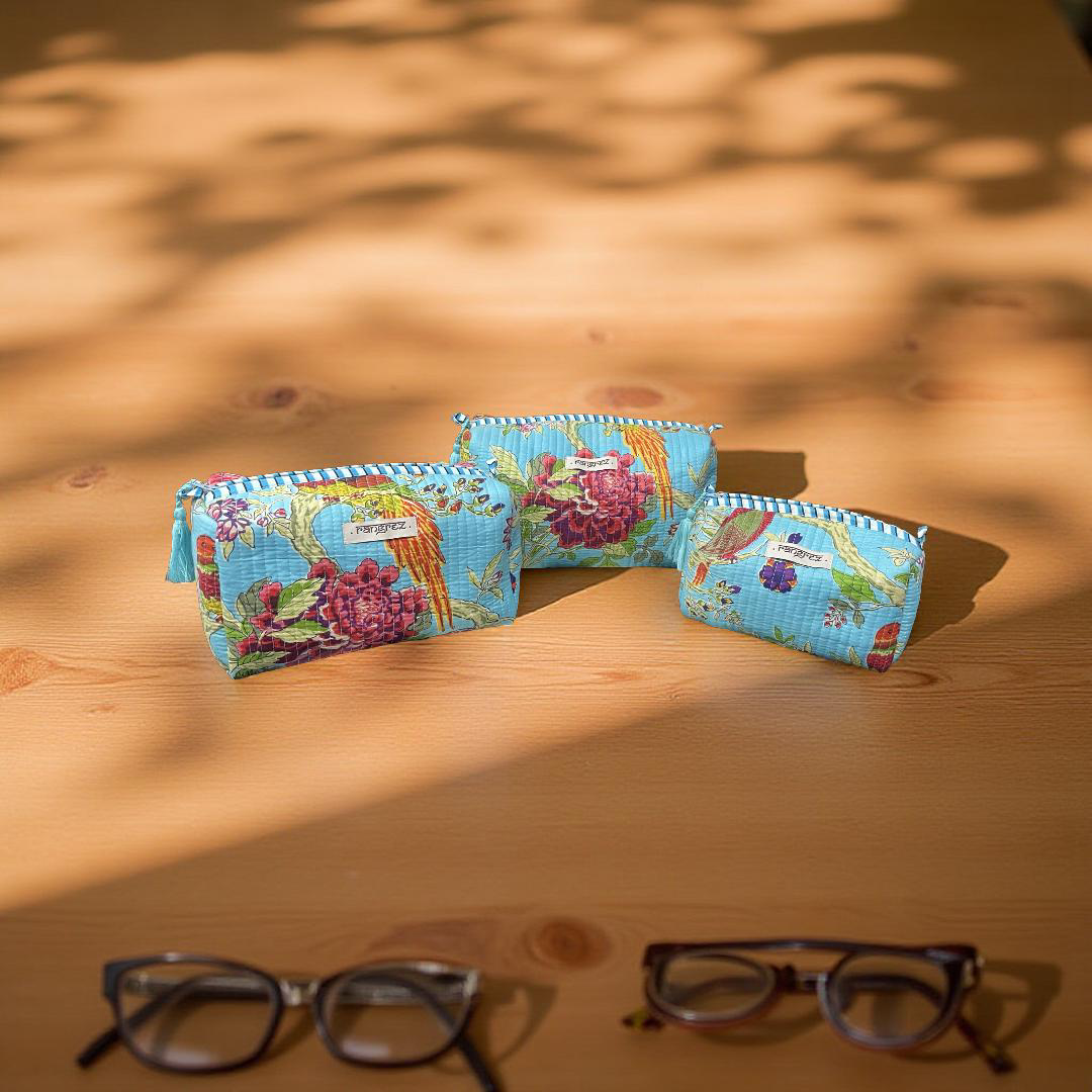 Waterproof Floral handcrafted 3 piece quilted pouch kit cum organisers