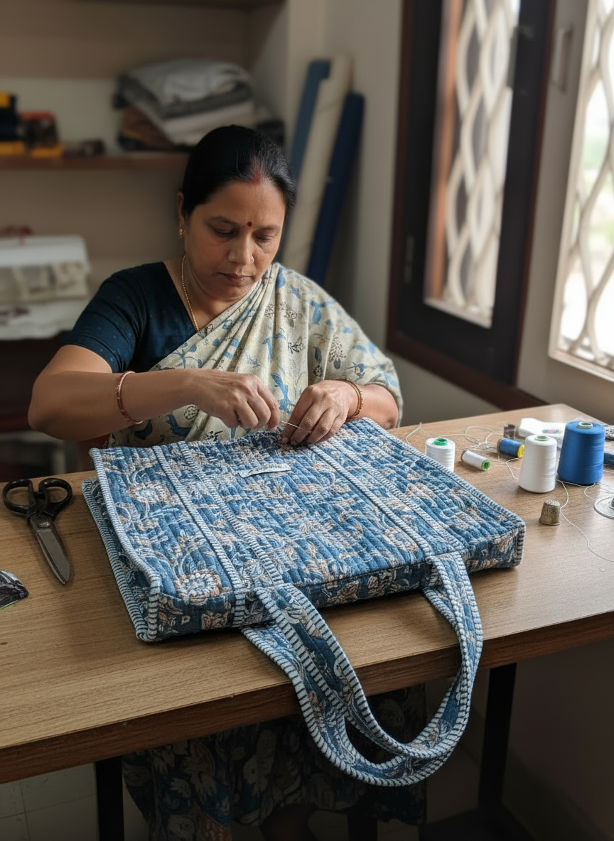 Floral blue mini tote bag with zip.