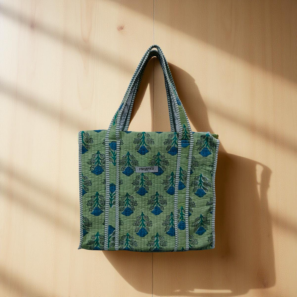 Floral green and blue mini tote bag with zip