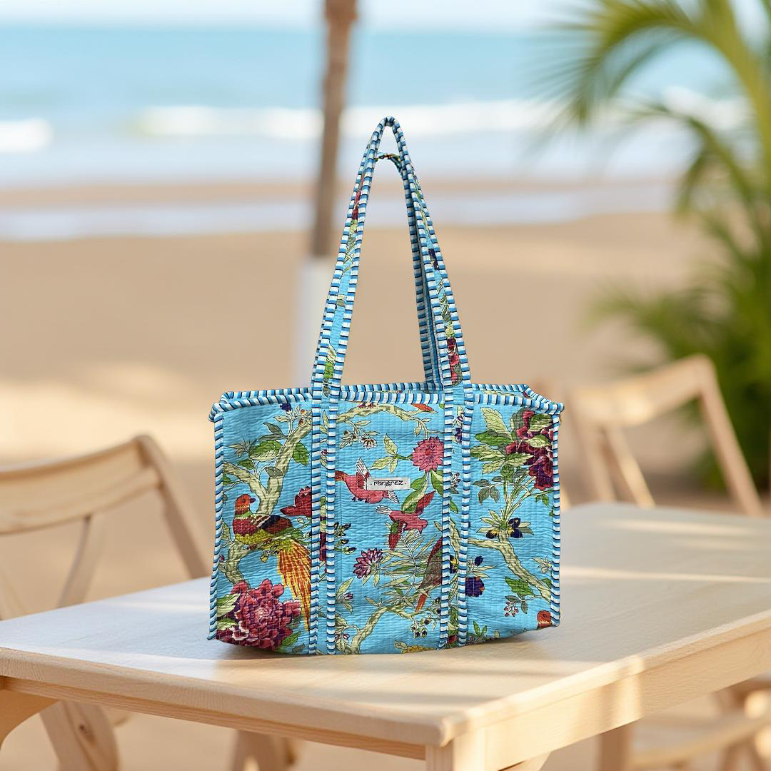 Turquoise Floral quilted Travel / Beach / shopping  Tote Bag