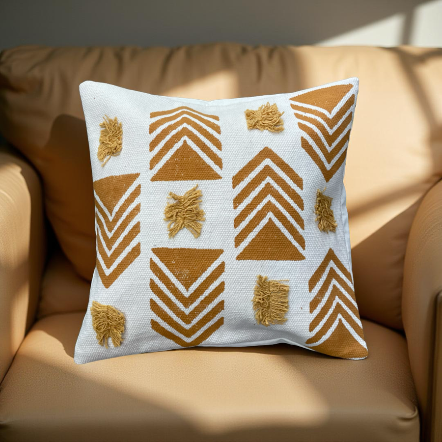 Mustard and beige Handcrafted with embroidery throw Cushion cover