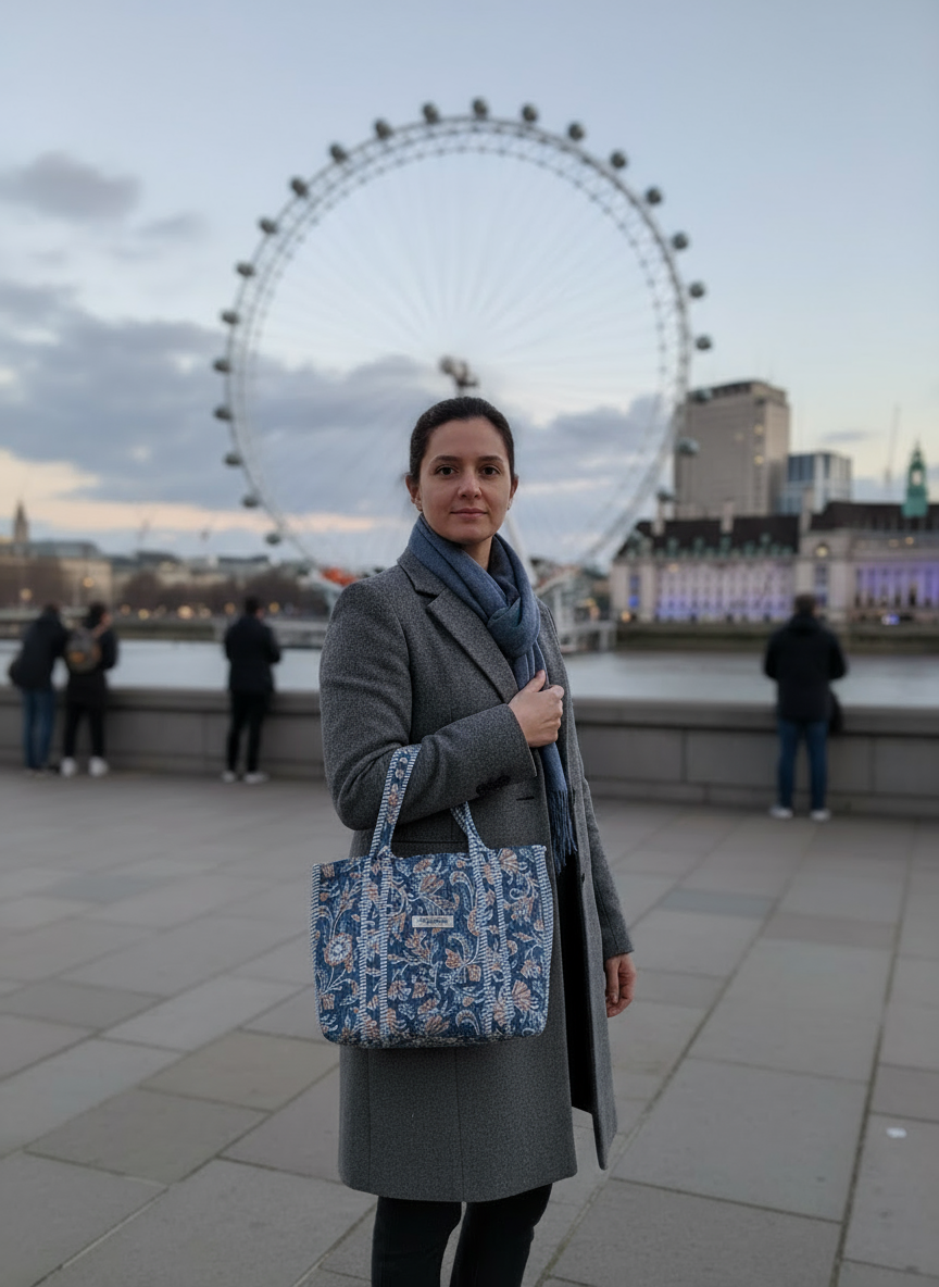 Floral blue mini tote bag with zip.