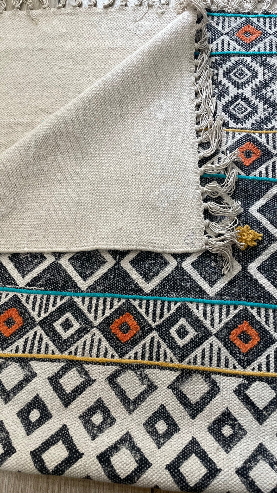 Hand block print Indian Dhurrie / Rug with hand embroidery ( 91.44*152.4cm / 3*5 feet )