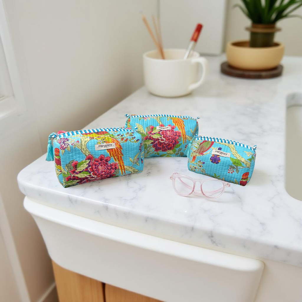 Waterproof Floral handcrafted 3 piece quilted pouch kit cum organisers