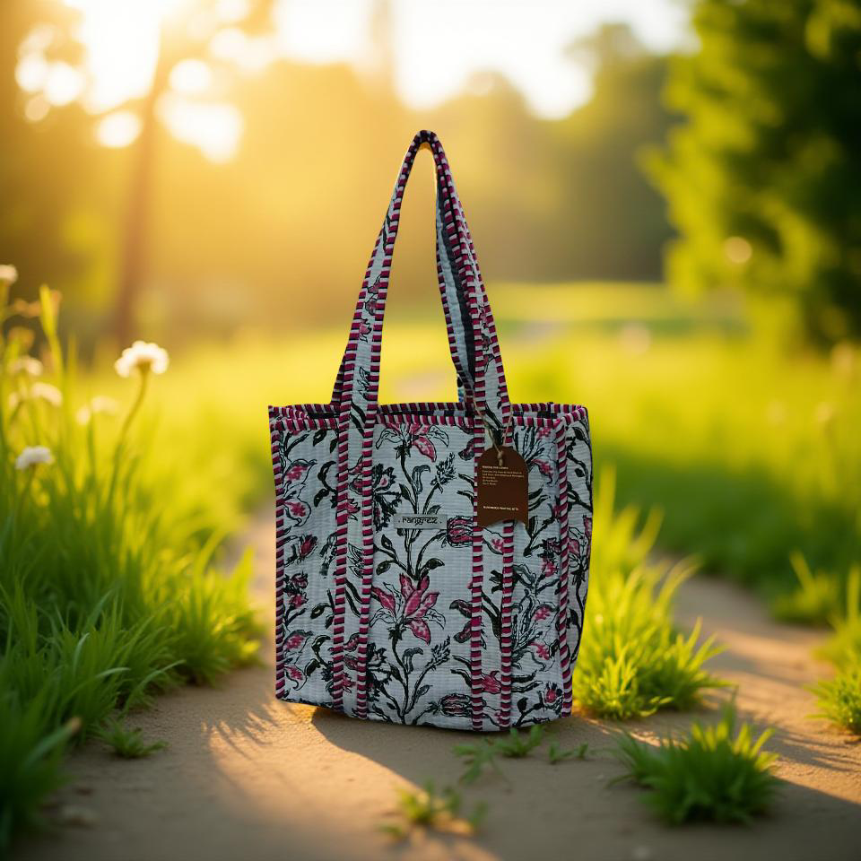 Floral white and pink mini tote bag without zip