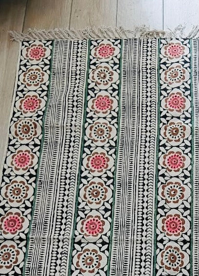 Hand block print Indian Dhurrie / Rug with hand embroidery(122*183cm /. 4*6 feet )