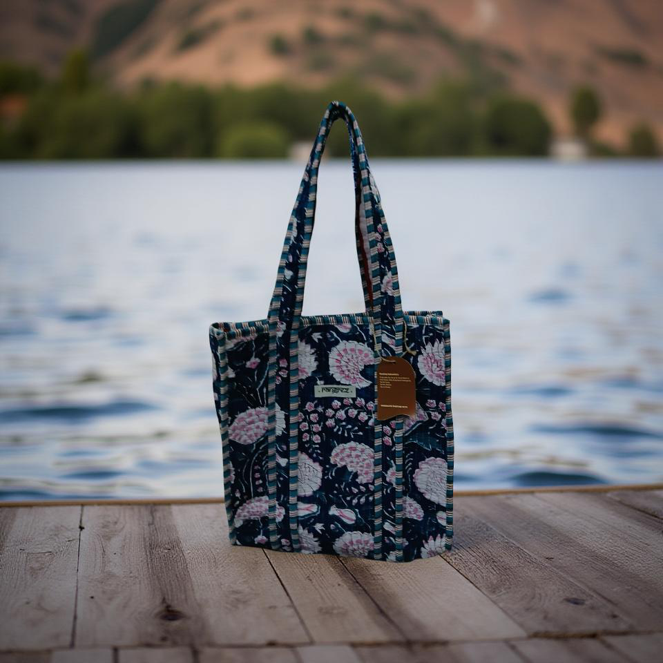 Indigo & pink floral mini tote bag without zip