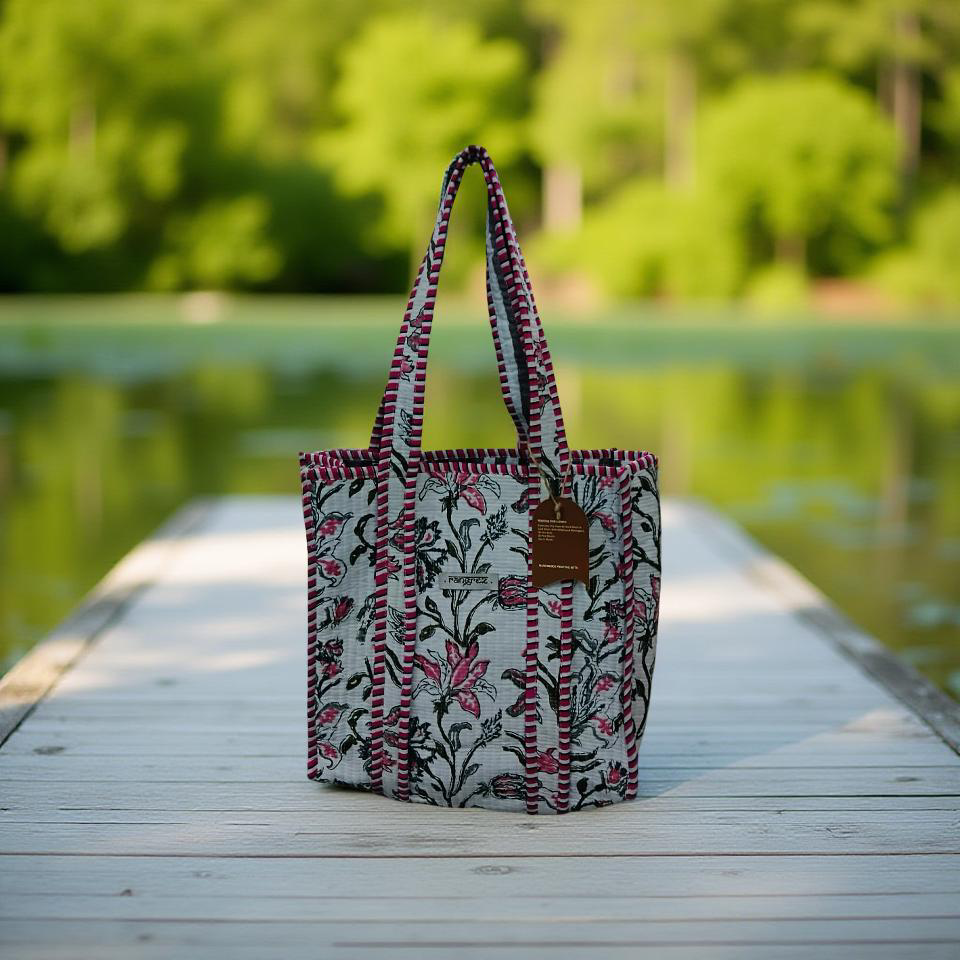 Floral white and pink mini tote bag without zip