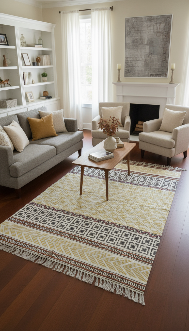 Hand block print Indian Dhurrie / Rug with hand embroidery(122*183cm /. 4*6 feet )