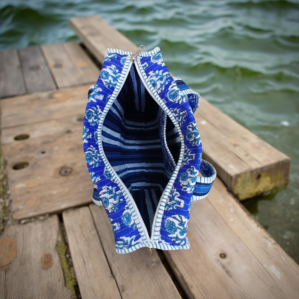 Indigo and white mini tote bag with zip