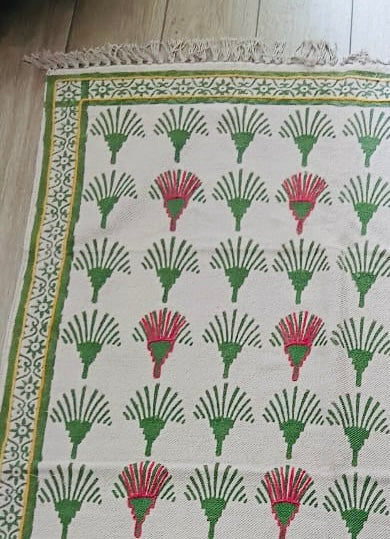 Hand block print Indian Dhurrie / Rug with hand embroidery(122*183cm /. 4*6 feet )