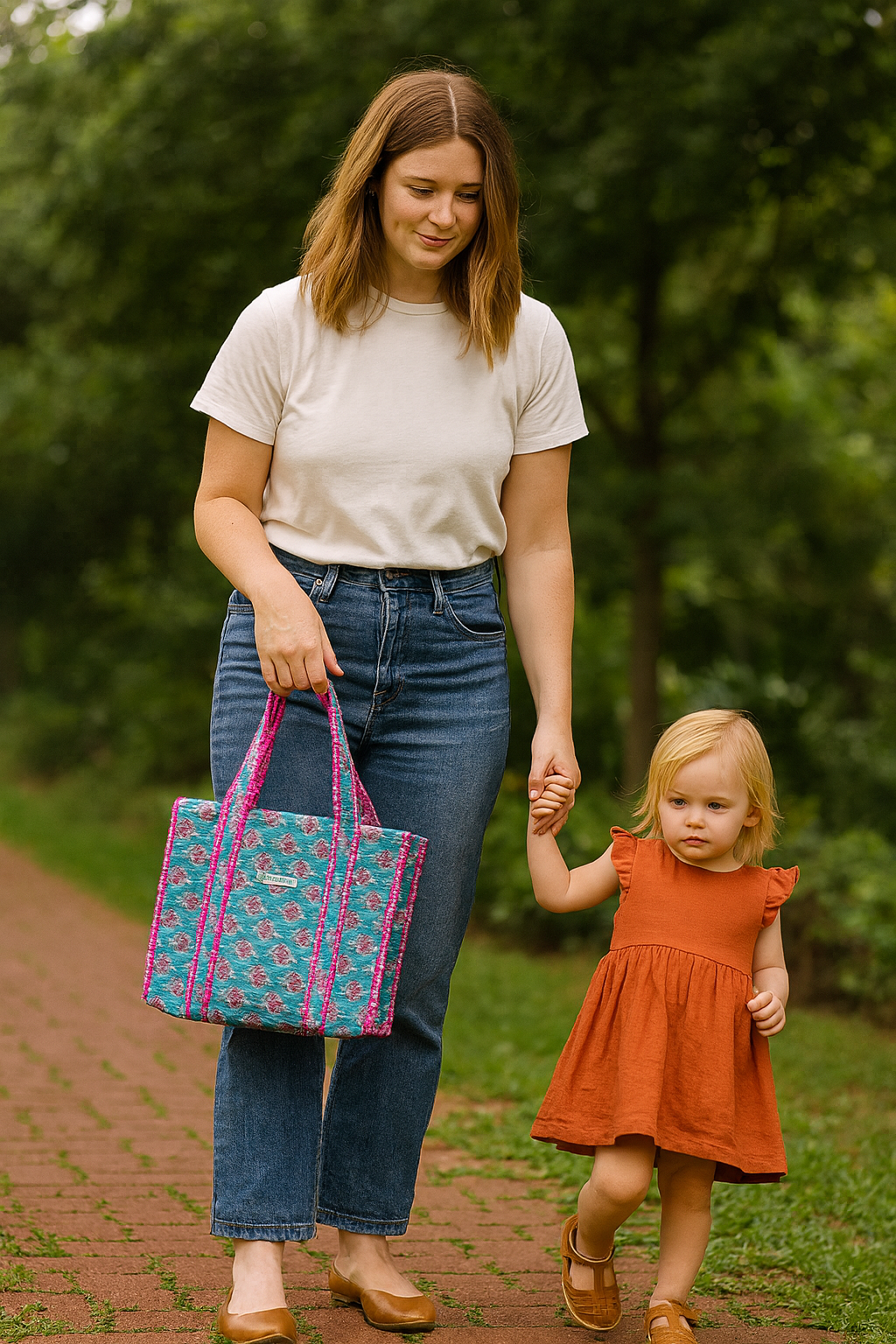 Blue and pink mini tote bag with zip