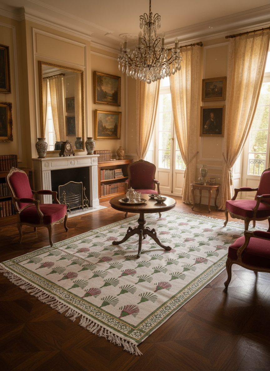 Hand block print Indian Dhurrie / Rug with hand embroidery(122*183cm /. 4*6 feet )