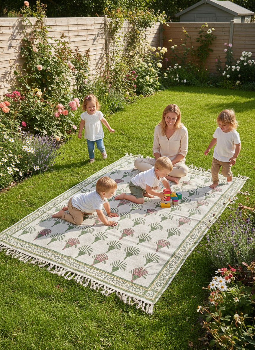 Hand block print Indian Dhurrie / Rug with hand embroidery(122*183cm /. 4*6 feet )