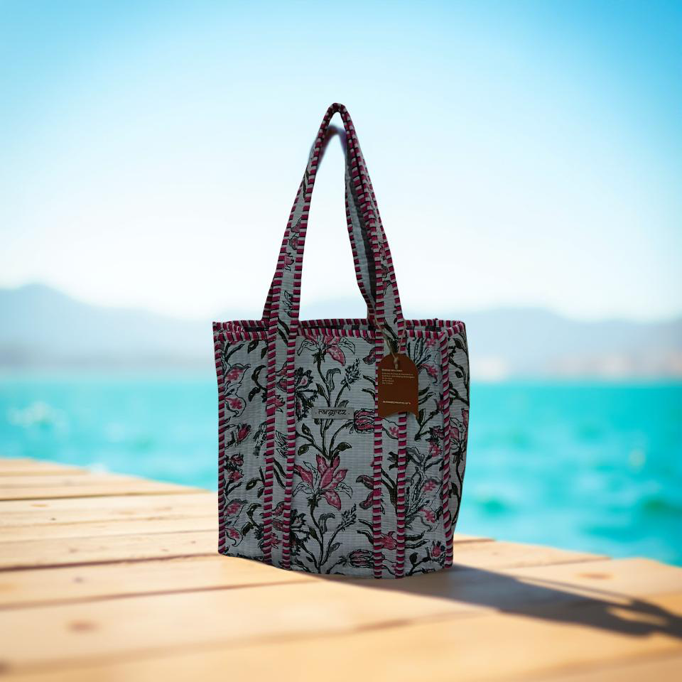 Floral white and pink mini tote bag without zip