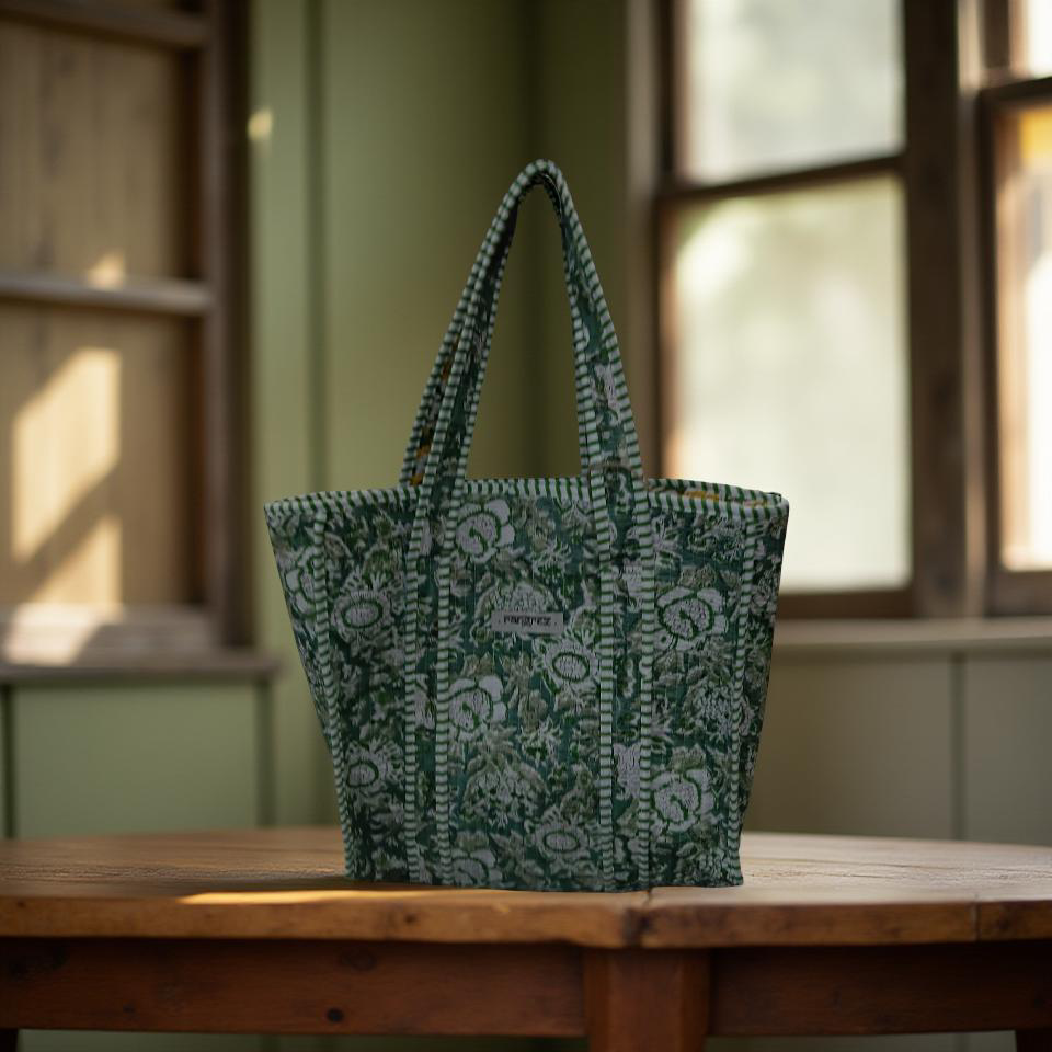 Green & yellow mini tote bag without zip