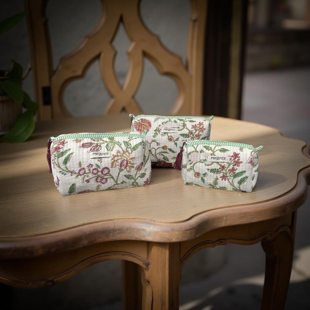 Waterproof Floral handcrafted 3 piece quilted pouch kit cum organisers