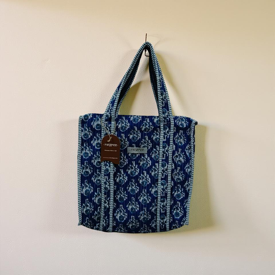 Indigo and white mini tote bag with zip