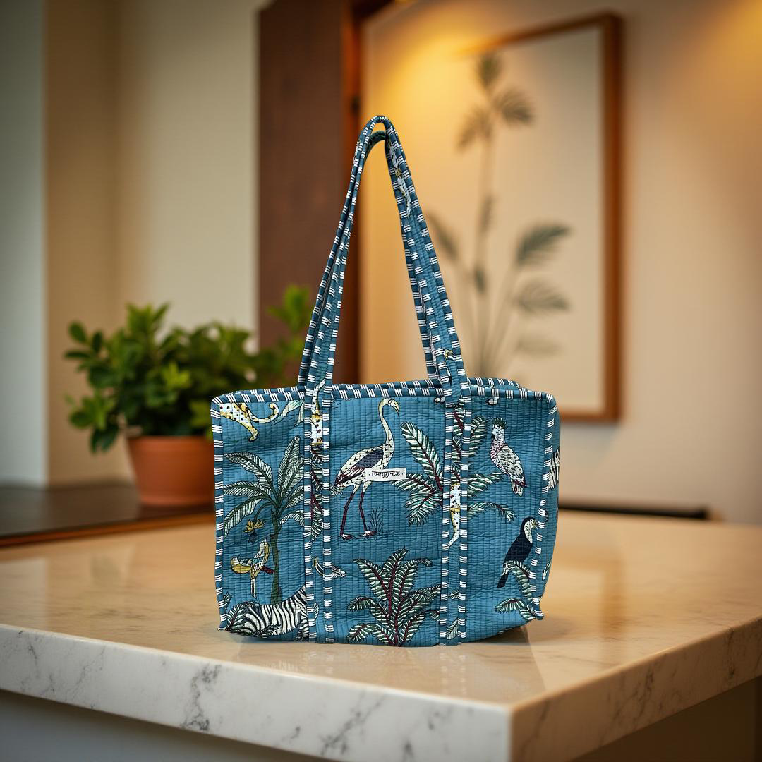 Aqua blue Floral quilted Travel / Beach / shopping  Tote Bag