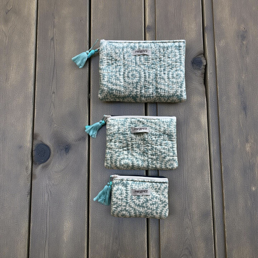Spiral green three piece pouch set